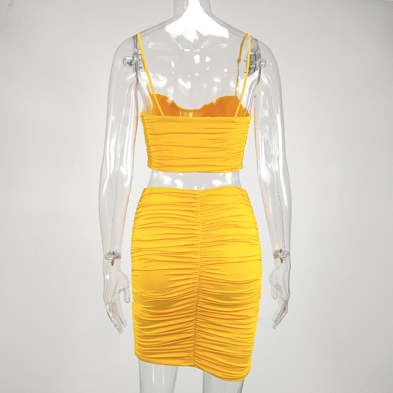 Pleated tight two piece Sling Dress Sexy Women's hip Skirts