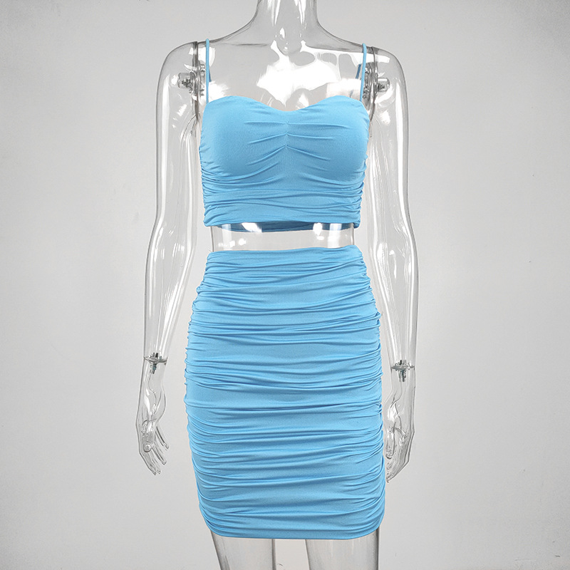 Pleated tight two piece Sling Dress Sexy Women's hip Skirts