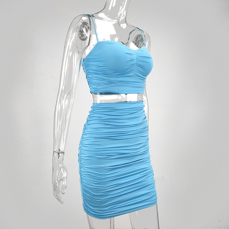 Pleated tight two piece Sling Dress Sexy Women's hip Skirts