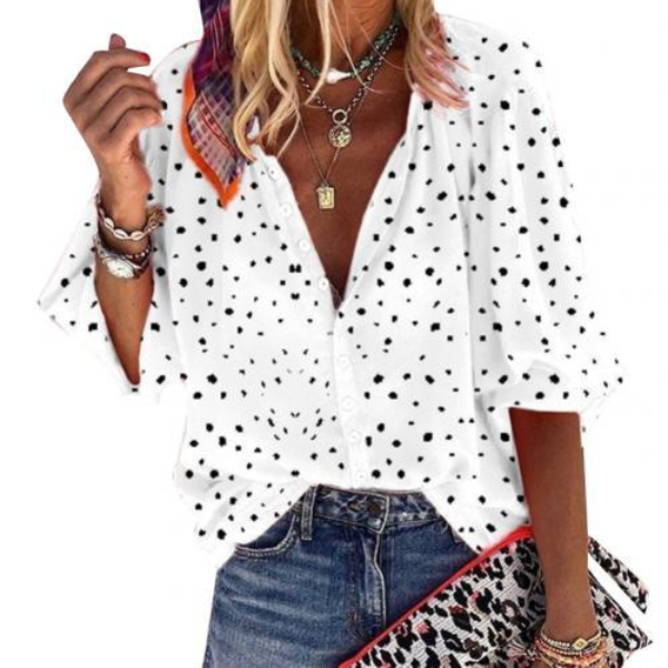 Autumn Fashion Women Plus Size Snowflake Print 3/4 Sleeve V Neck Blouse Shirt Blouses Beach Tops