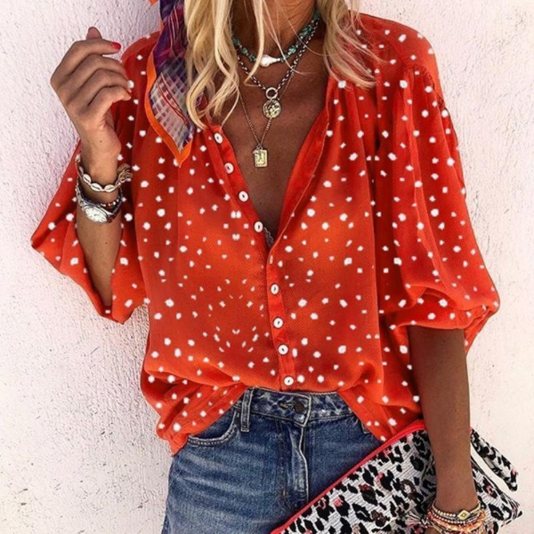 Autumn Fashion Women Plus Size Snowflake Print 3/4 Sleeve V Neck Blouse Shirt Blouses Beach Tops