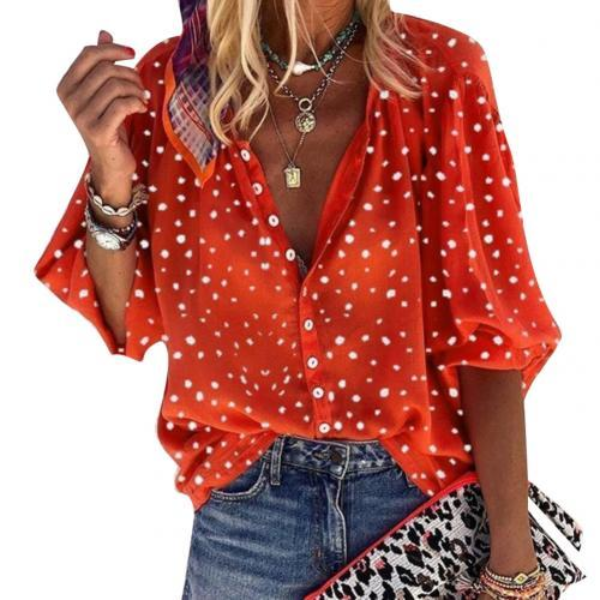Autumn Fashion Women Plus Size Snowflake Print 3/4 Sleeve V Neck Blouse Shirt Blouses Beach Tops
