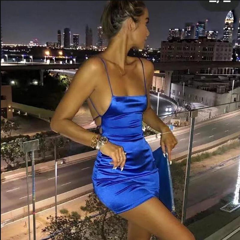 Spaghetti Strap Mini Satin Dress Women Sexy Backless Cross Bandage Bodycon Party Dress  Skirts