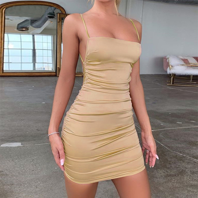 Spaghetti Strap Mini Satin Dress Women Sexy Backless Cross Bandage Bodycon Party Dress  Skirts