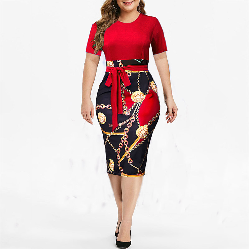 Vintage Print Plus Size Knee-length Dress Womens Summer Short Sleeve Midi Elegant Dresses Summer Skirts