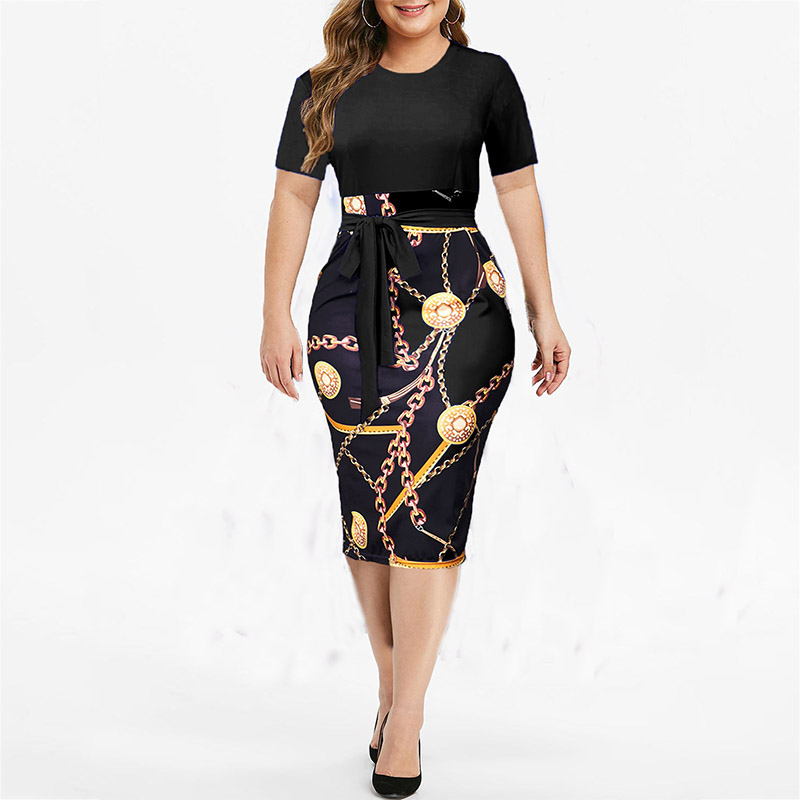 Vintage Print Plus Size Knee-length Dress Womens Summer Short Sleeve Midi Elegant Dresses Summer Skirts