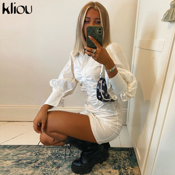Kliou Lantern Sleeve Stacked Button Shirt Mini Dress Women Turn-Down Collar Single Breasted Skirts