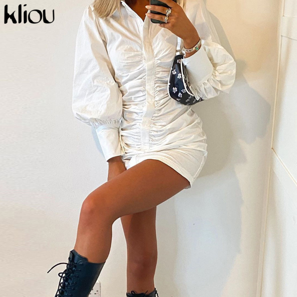 Kliou Lantern Sleeve Stacked Button Shirt Mini Dress Women Turn-Down Collar Single Breasted Skirts