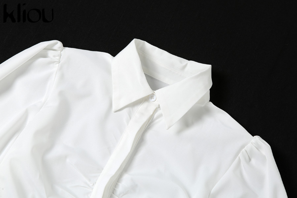 Kliou Lantern Sleeve Stacked Button Shirt Mini Dress Women Turn-Down Collar Single Breasted Skirts