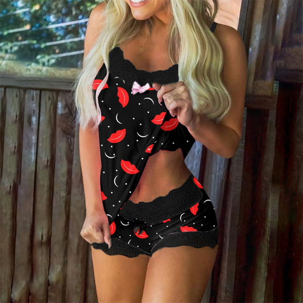 Sexy Spaghetti Strap Lace Pajama Set  Sleeveless Pyjamas Shorts Set Lace Pijama Sleepwear