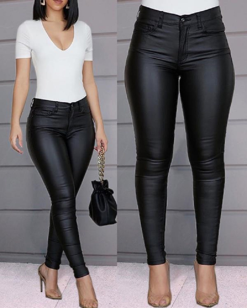 PU Leather Pants Women High Waist Button Zipper Slim Push Up Woman Pencil Pants Casual Pockets Trousers & Leggings