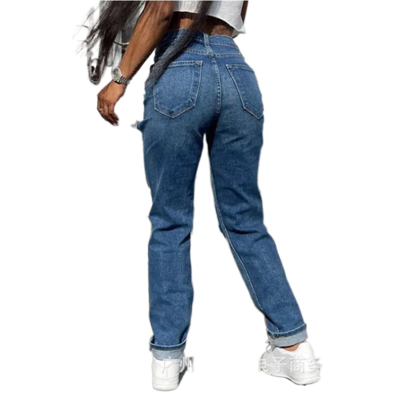 Hollow Out Ripped Straight Jeans Women Blue Punk Baggy High Waist Mom Boyfriend Denim Hole Korean  Trousers & Leggings