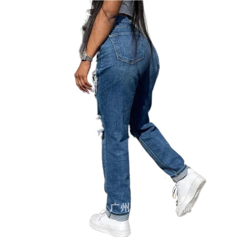 Hollow Out Ripped Straight Jeans Women Blue Punk Baggy High Waist Mom Boyfriend Denim Hole Korean  Trousers & Leggings