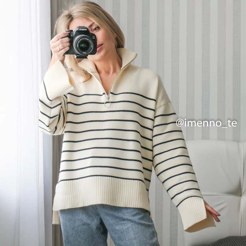Klkxmyt Za Sweaters Women 2022 Fashion Stripe Loose Zipper Knitting Sweaters Vintage Long Sleeve Asymmetry  Tops