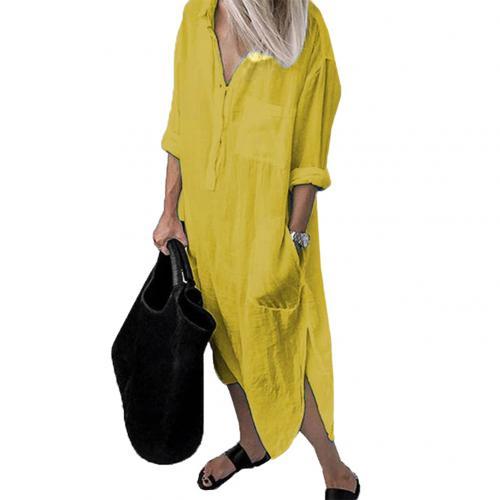 Autumn Women Fashion Solid Color Long Sleeve Pockets Side Slitting Hem Maxi Shirt Dresses