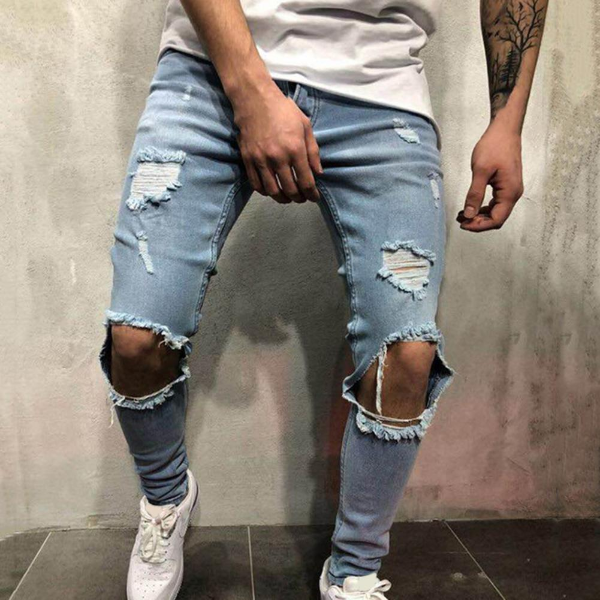 Fashion Men's Pants Streetwear Jeans Vintage Plus Size Solid Color Slim Ripped Trousers Casual Hip Hop Pants Trousers