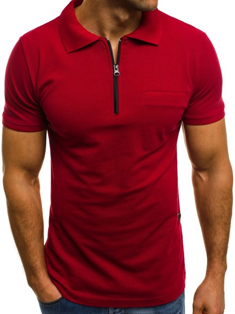 New Summer Zipper Poloshirts Men Solid Red Shirts Lapel Pocket Short Sleeve T-shirts & Polos