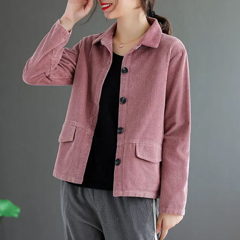 Spring Autumn New Corduroy Long-Sleeved Short Jacket Women's Pure Color Corduroy Coat Femalet Single-Breasted Tops