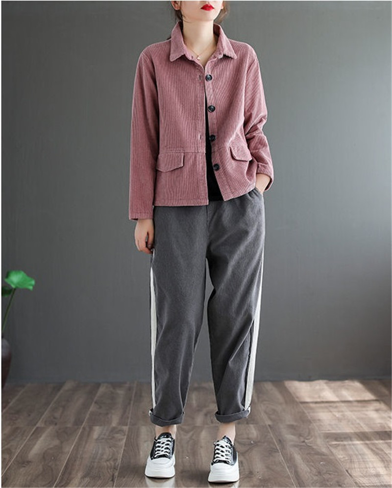 Spring Autumn New Corduroy Long-Sleeved Short Jacket Women's Pure Color Corduroy Coat Femalet Single-Breasted Tops