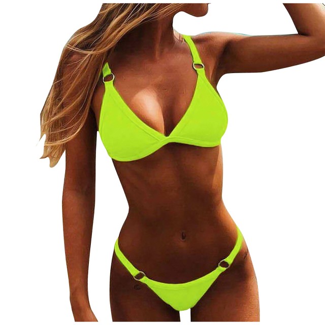 Women's Swimwear Sexy V Neck Bikini Set Beachwear Bikini Two Piece Set Summer Swimsuit Fashion Solid Color Lingerie