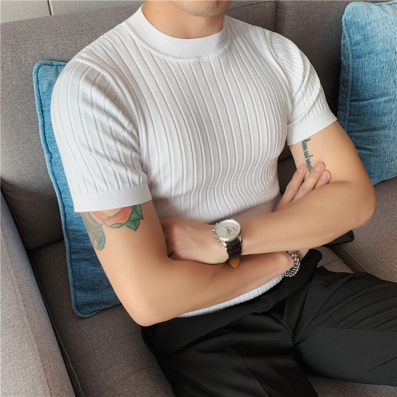 New style Men high grade solid color stripe knit T-shirt/Male slim fit Fashion High collar short sleeve T-shirt Black white
