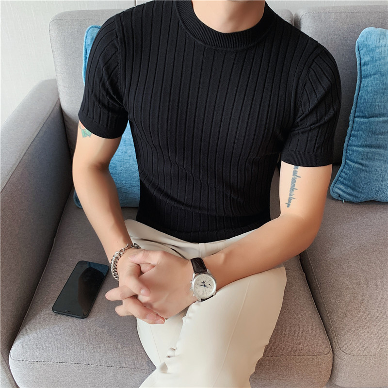 New style Men high grade solid color stripe knit T-shirt/Male slim fit Fashion High collar short sleeve T-shirt Black white