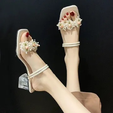 Summer Women Slippers Thick Heel Transparent Ladies Shoes Colorful Rivets Low Heels Fashion Sandals for Girls High Heels Sandals 37,Off white