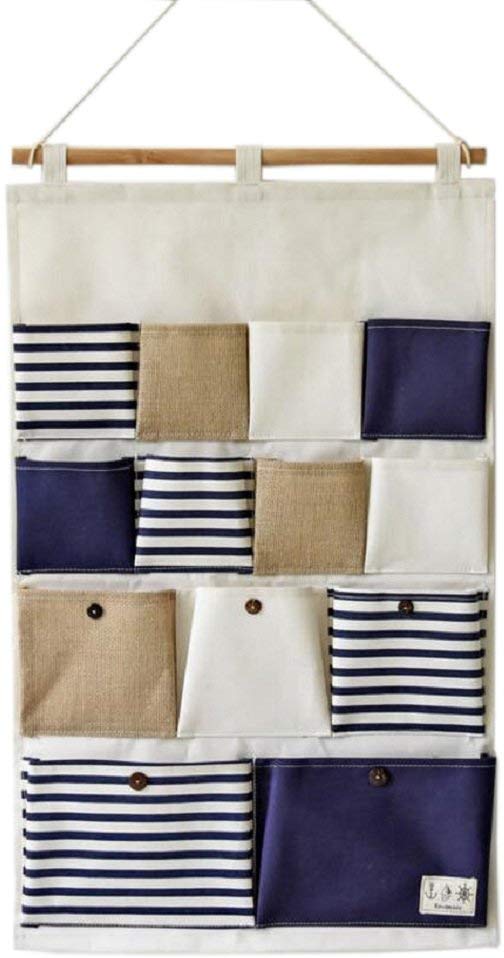 Wall Door Hanging Storage Bags Closet Hang Organizer Storage Pockets Cotton Line Striped 13 Pockets