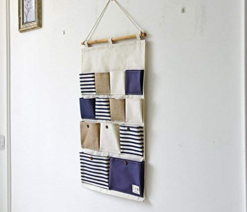 Wall Door Hanging Storage Bags Closet Hang Organizer Storage Pockets Cotton Line Striped 13 Pockets