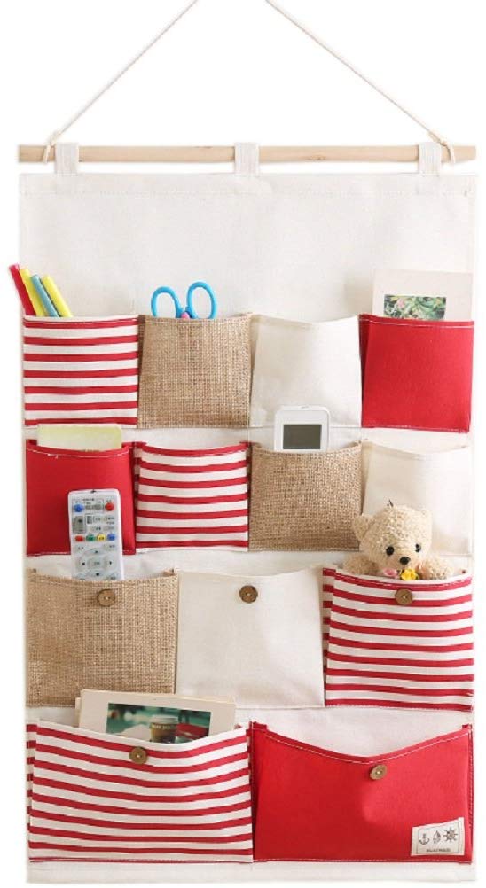 Wall Door Hanging Storage Bags Closet Hang Organizer Storage Pockets Cotton Line Striped 13 Pockets