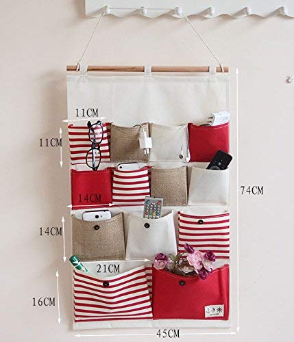 Wall Door Hanging Storage Bags Closet Hang Organizer Storage Pockets Cotton Line Striped 13 Pockets