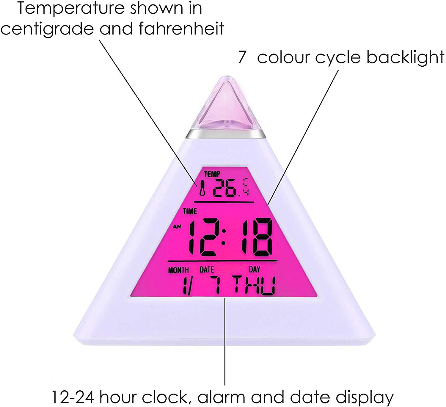 7 LED Pyramid Colour Changing Digital Colorful Alarm Clock