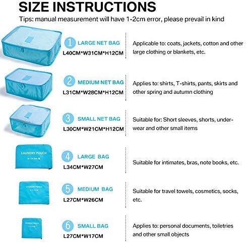 6PCS Packing Cubes Value Set for Travel Luggage Organiser Bag Compression Pouches Clothes Suitcase