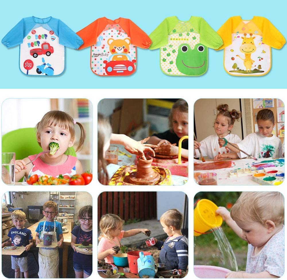 Long Sleeve Baby Bibs for 6-36 Months,Unisex Waterproof Feeding Bibs for Infant Child Toddler 4-Pack
