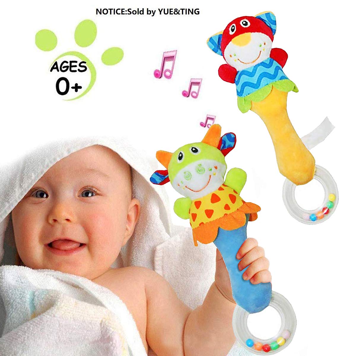 2 Pack Baby Rattle Sensory Toys Shaker Soft Plush Baby Musical Instruments Stuffed Animal Toy