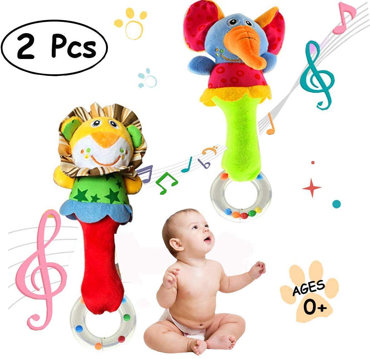 2 Pack Baby Rattle Sensory Toys Shaker Soft Plush Baby Musical Instruments Stuffed Animal Toy