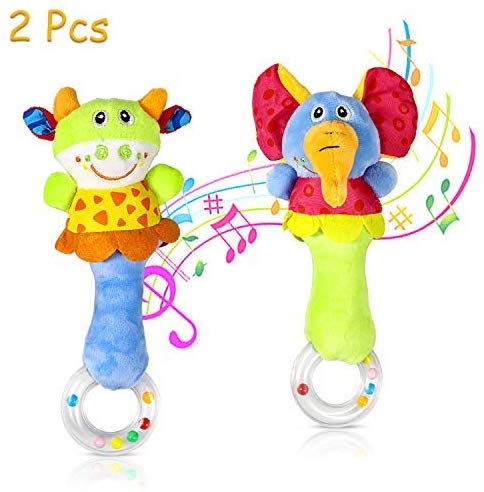 2 Pack Baby Rattle Sensory Toys Shaker Soft Plush Baby Musical Instruments Stuffed Animal Toy
