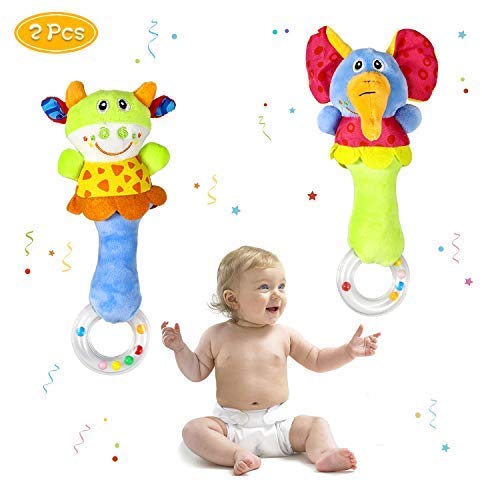 2 Pack Baby Rattle Sensory Toys Shaker Soft Plush Baby Musical Instruments Stuffed Animal Toy