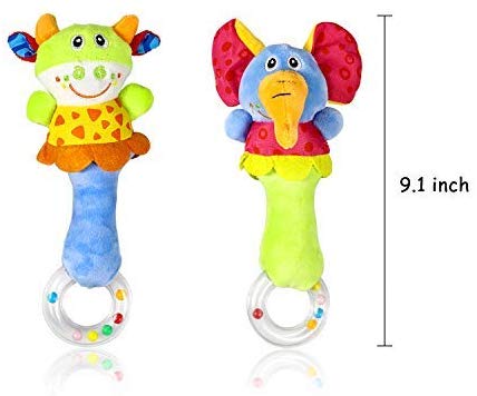 2 Pack Baby Rattle Sensory Toys Shaker Soft Plush Baby Musical Instruments Stuffed Animal Toy