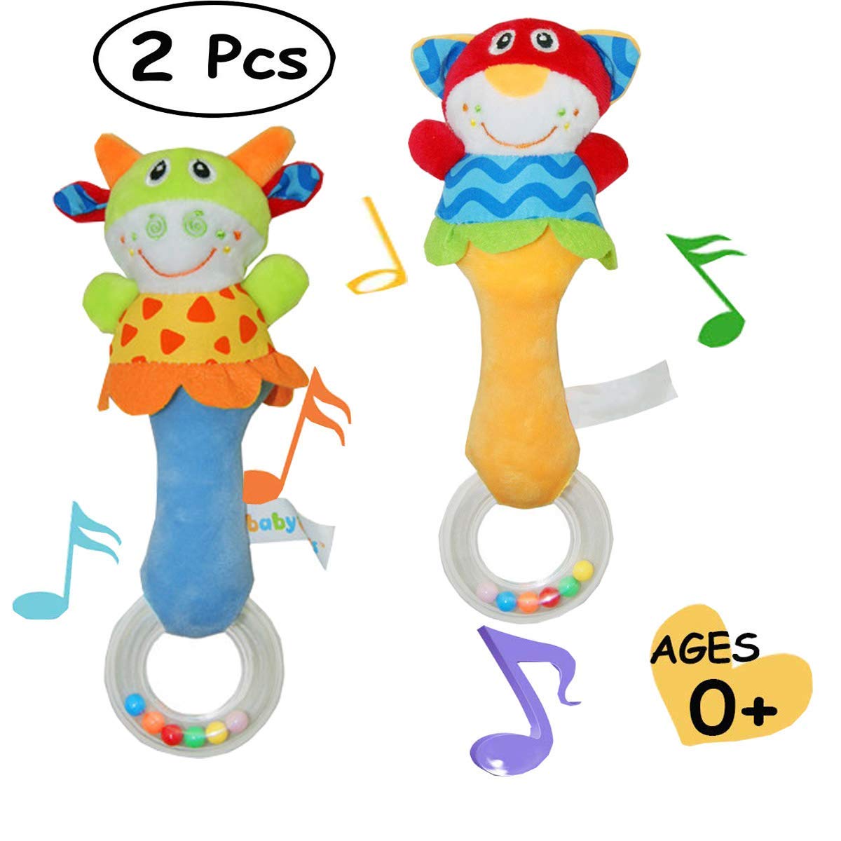 2 Pack Baby Rattle Sensory Toys Shaker Soft Plush Baby Musical Instruments Stuffed Animal Toy