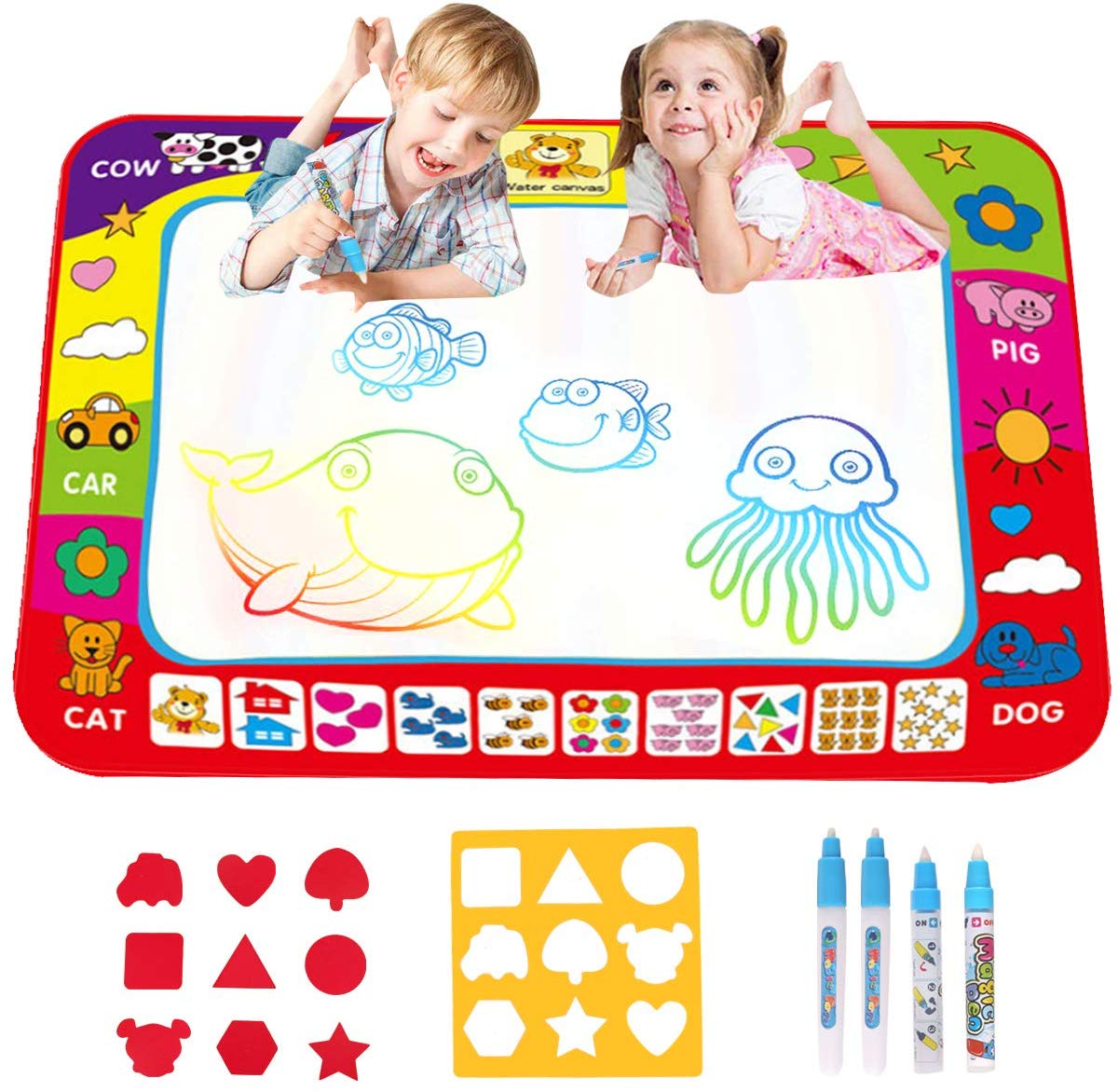 Water Magic Doodle Mat, Drawing Painting Mat  with 4 Magic Pen and 2 Drawing Templates