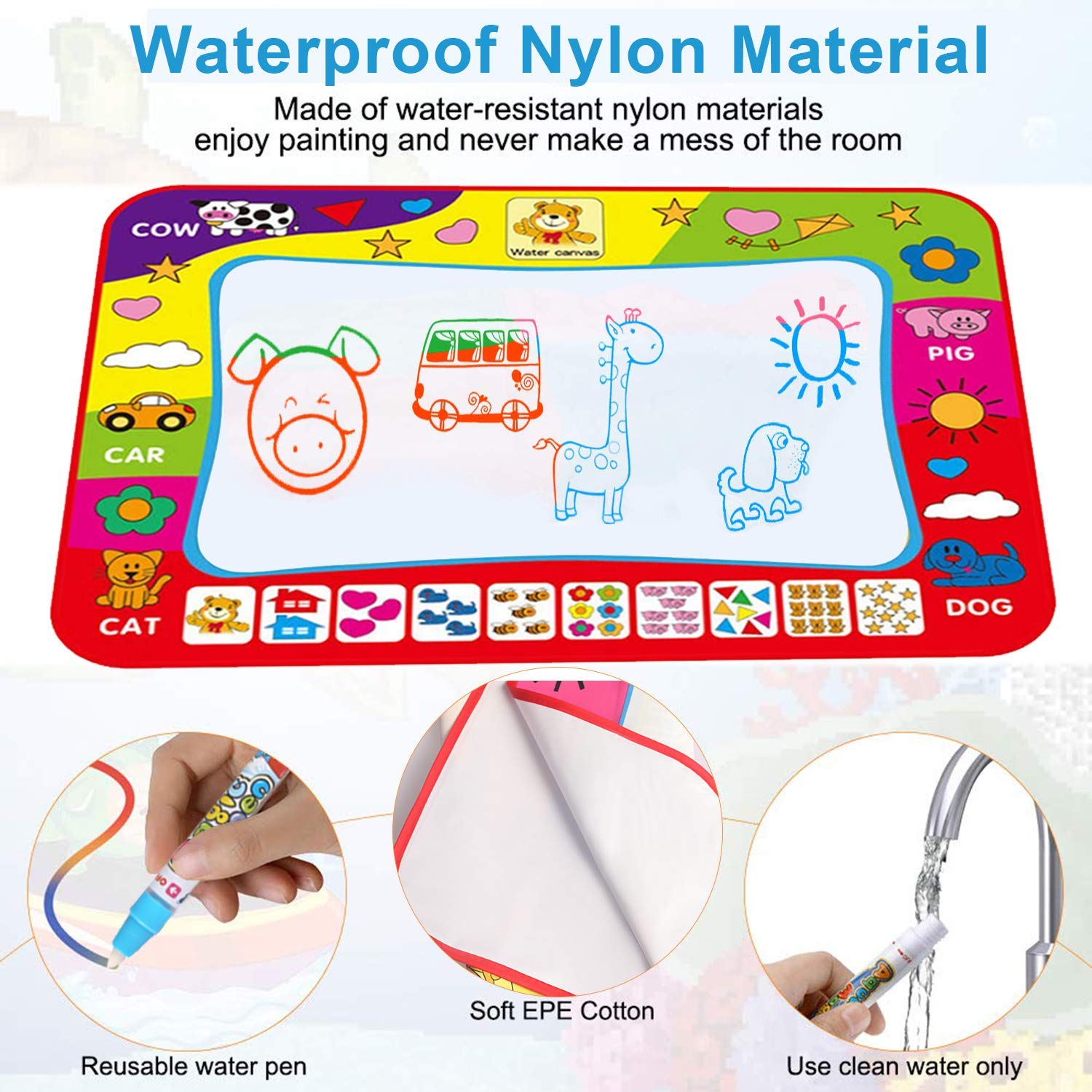 Water Magic Doodle Mat, Drawing Painting Mat  with 4 Magic Pen and 2 Drawing Templates