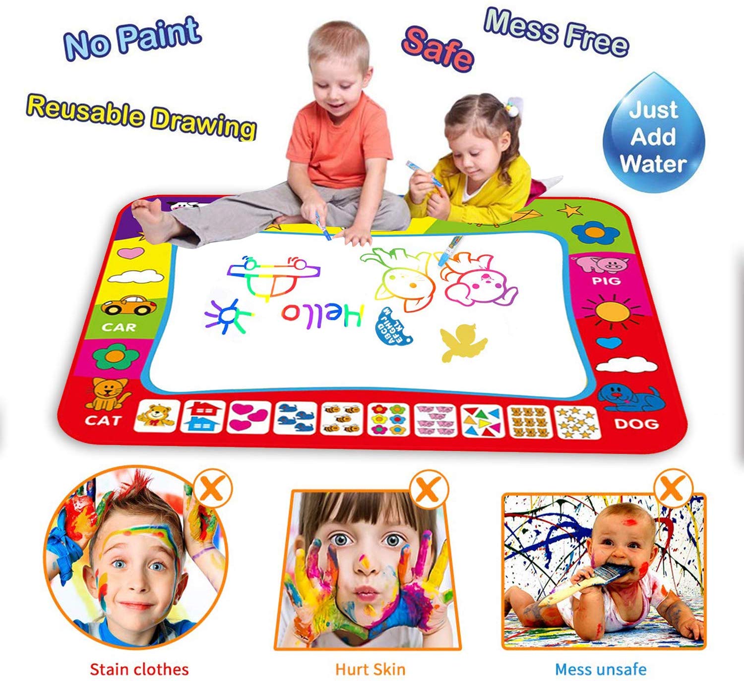 Water Magic Doodle Mat, Drawing Painting Mat  with 4 Magic Pen and 2 Drawing Templates