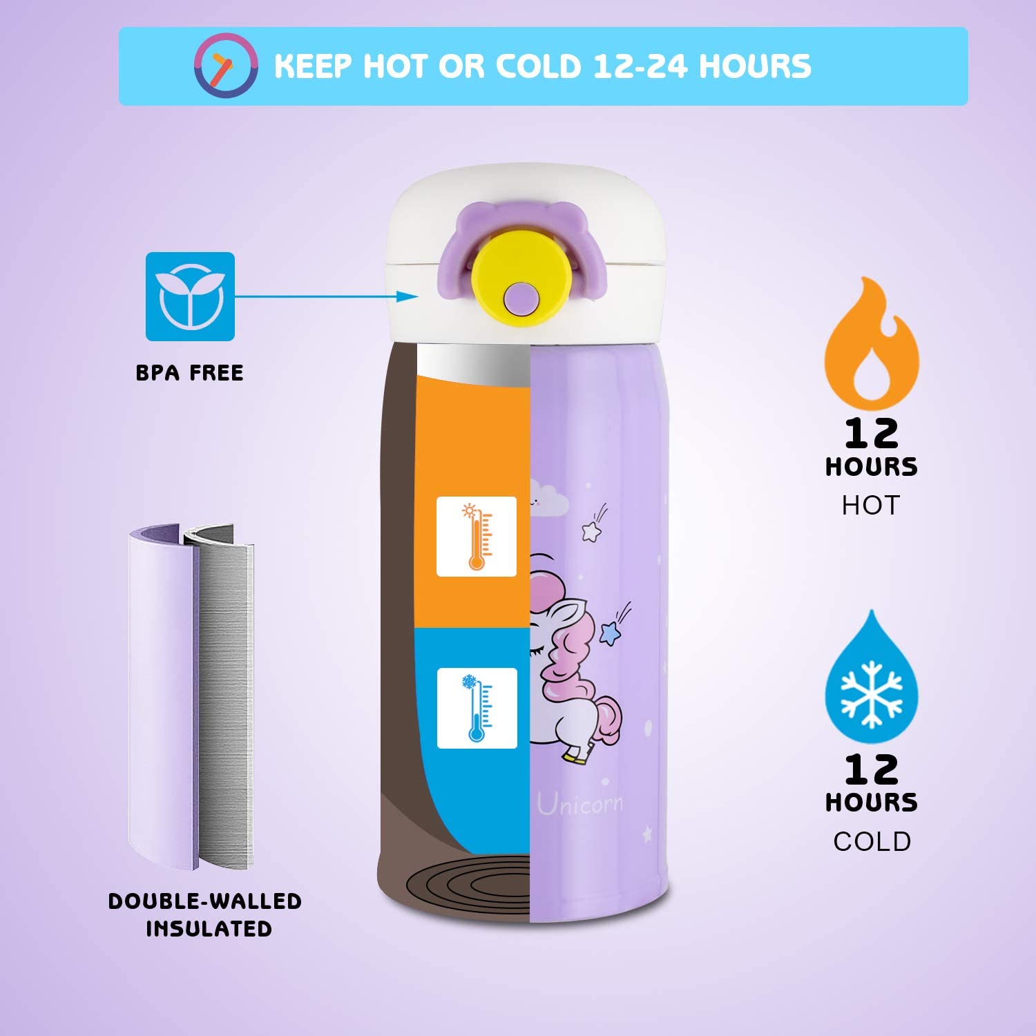 Unicorn children water bottle, stainless steel thermos, vacuum thermos kitchen water bottle