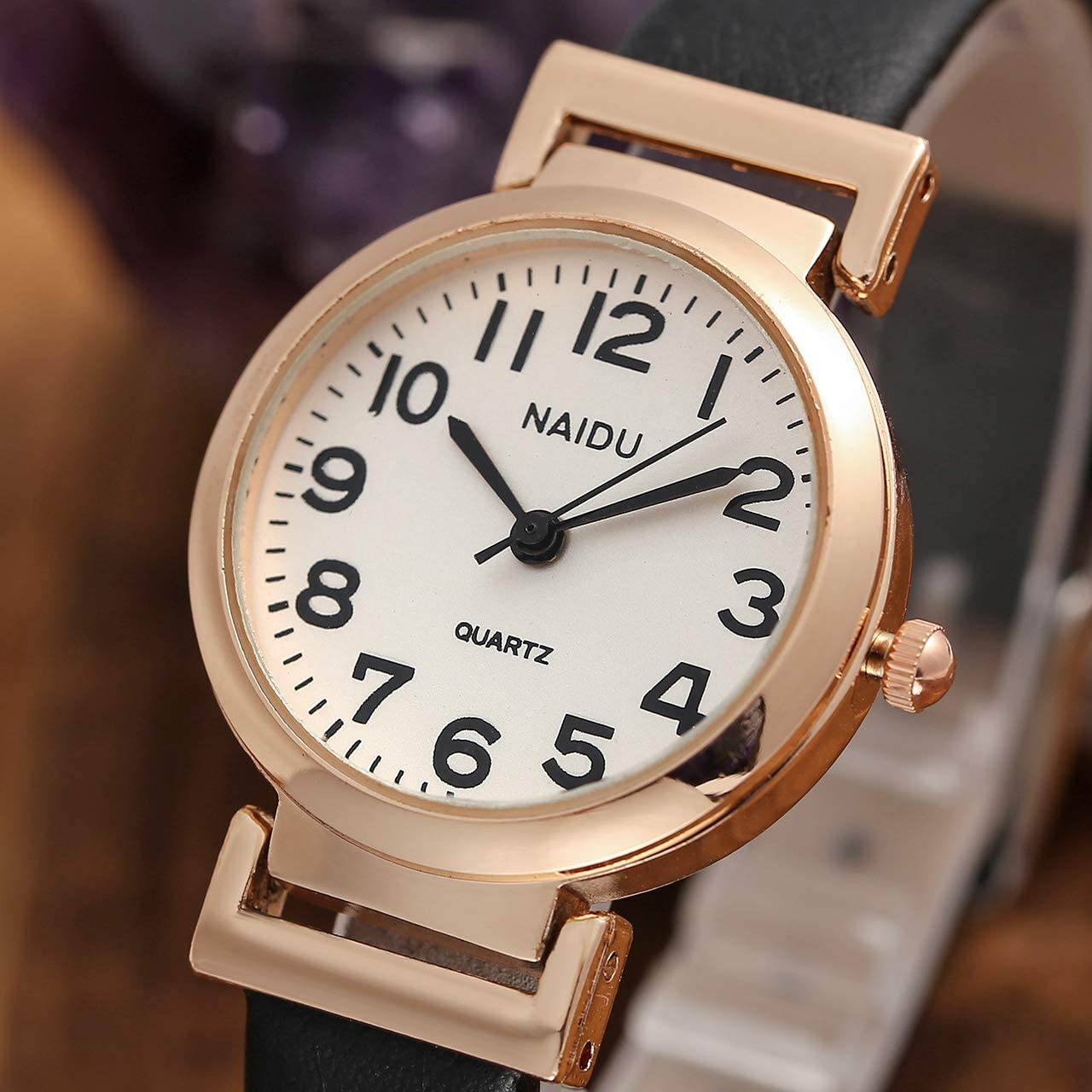 1pc Women's Classical Arabic Numerals Rose Gold Tone Analog Quartz Wrist Watch with PU Leather Strap