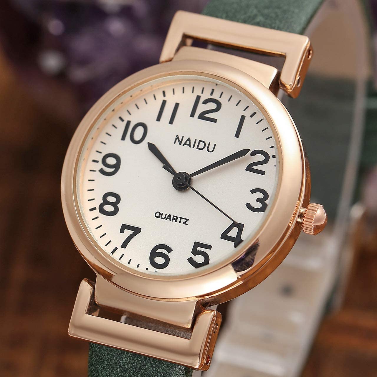 1pc Women's Classical Arabic Numerals Rose Gold Tone Analog Quartz Wrist Watch with PU Leather Strap