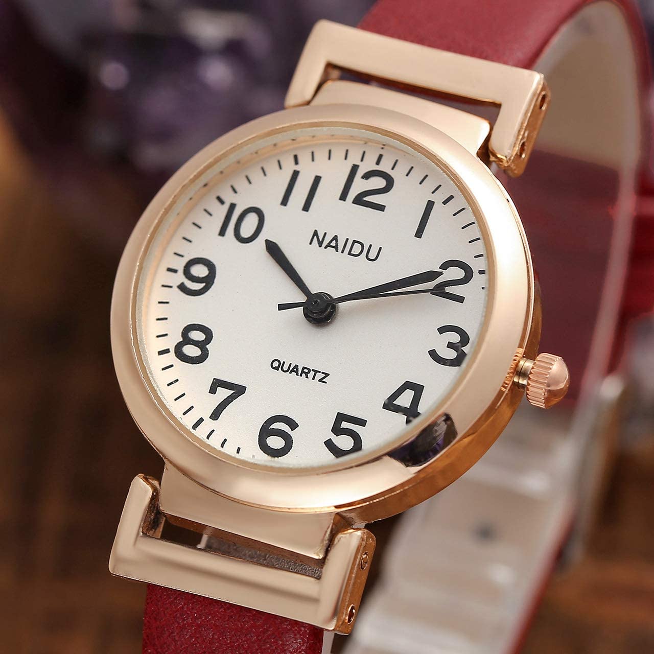 1pc Women's Classical Arabic Numerals Rose Gold Tone Analog Quartz Wrist Watch with PU Leather Strap