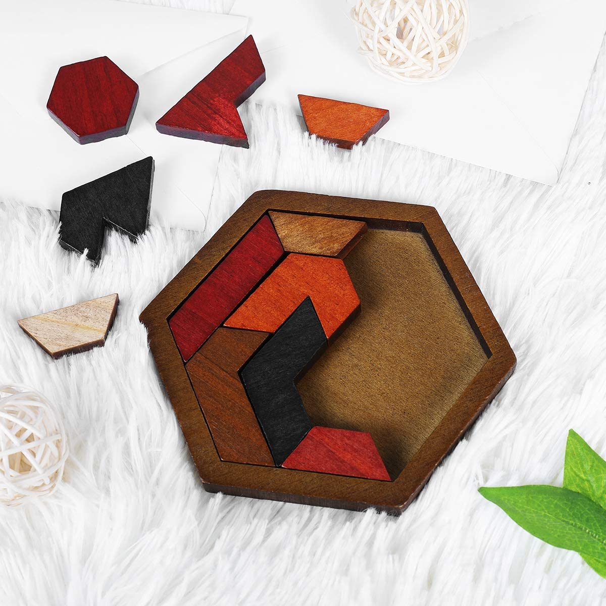 11 pcs/set Wooden Hexagon Tangram Jigsaw Puzzles Brain Puzzle Games Toy For Kids Adults