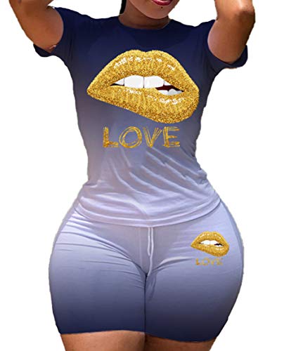 Womens 2 Pcs/set Short Outfits Love Lips Print Gradient Short Sleeve Shirt Top High Waist sportswear
