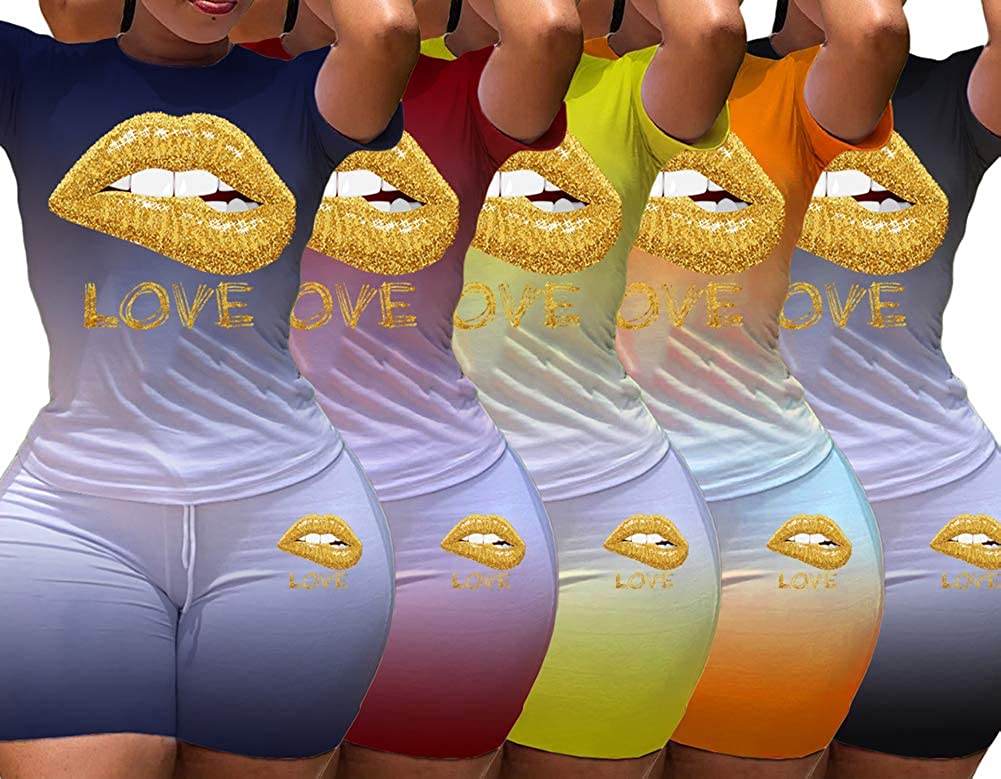 Womens 2 Pcs/set Short Outfits Love Lips Print Gradient Short Sleeve Shirt Top High Waist sportswear